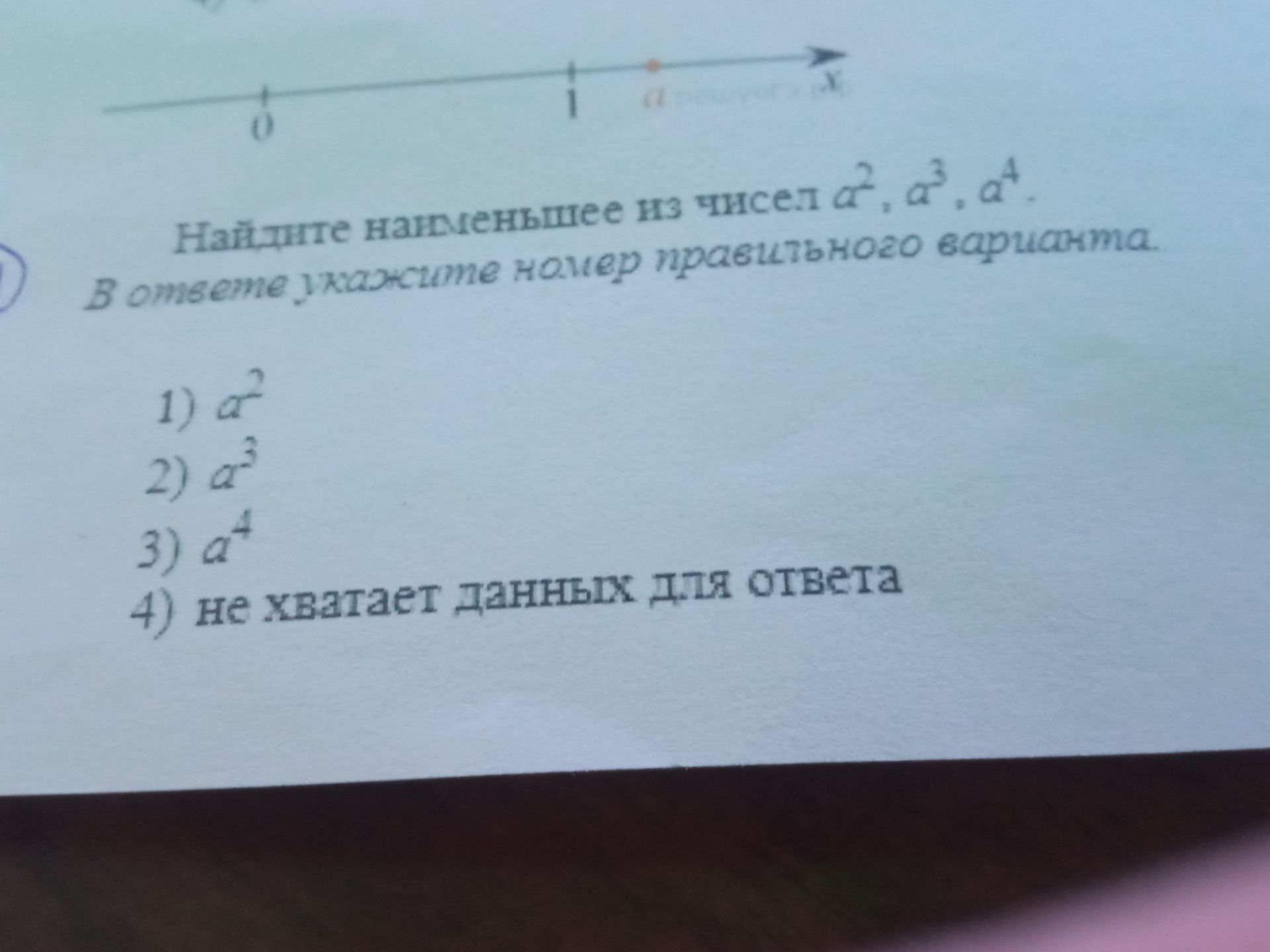 Фото задания: На координатной прямой отмечено, что 1 < a. Найдите наименьшее из чисел a², a³, a⁴. В ответе укажите номер правильного…