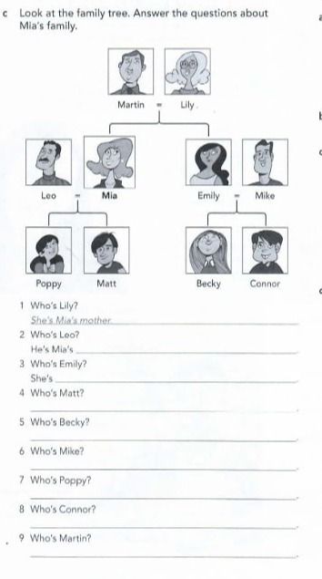 Фото задания: Look at the family tree. Answer the questions about Mia’s family. 1. Who’s Lily? 2. Who’s Leo? 3. Who’s Emily? 4. Who’s Matt?…