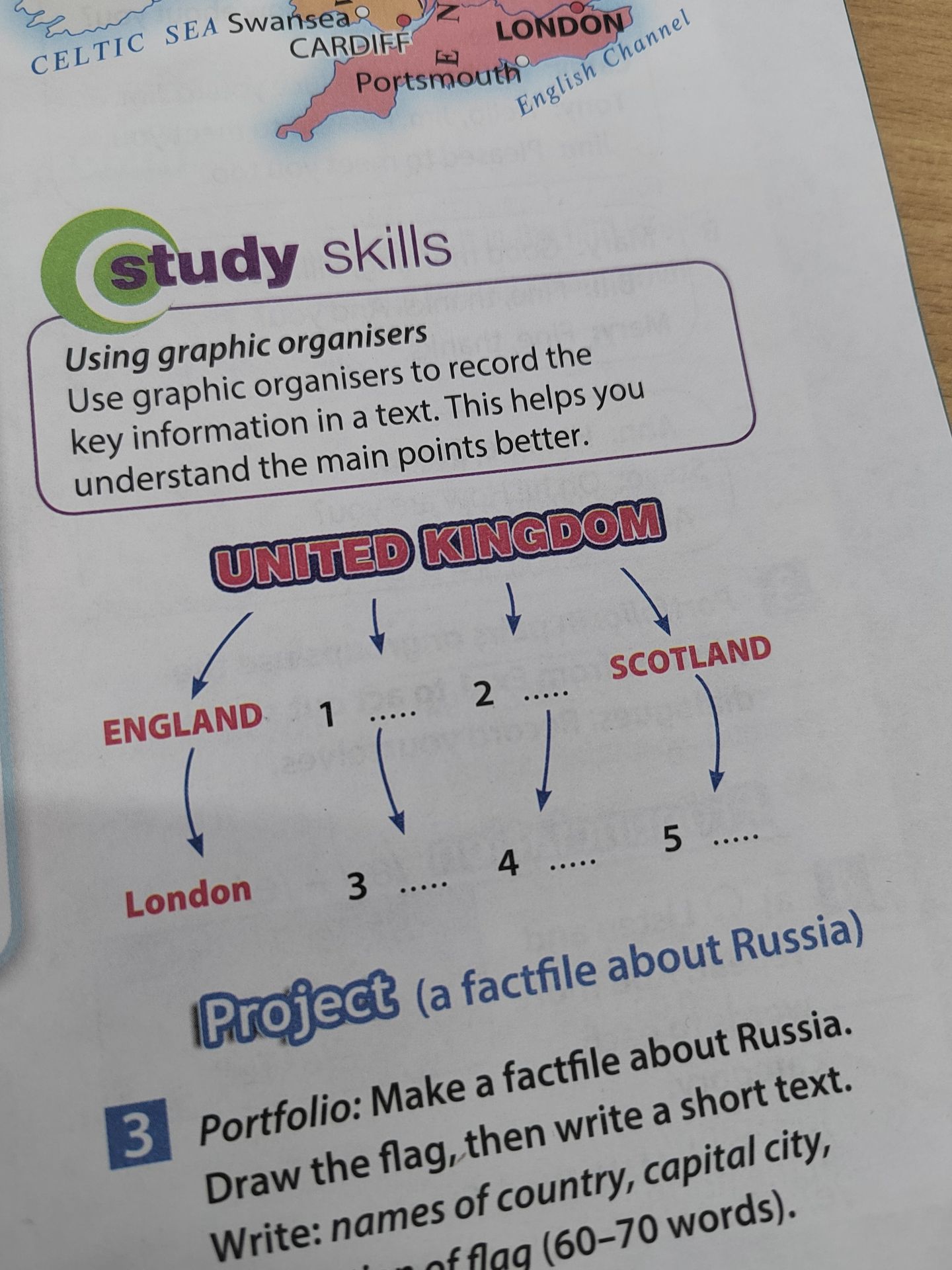 Фото задания: Complete the graphic organiser about the United Kingdom: 1 ______, 2 ______, 3 ______, 4 ______, 5 ______.