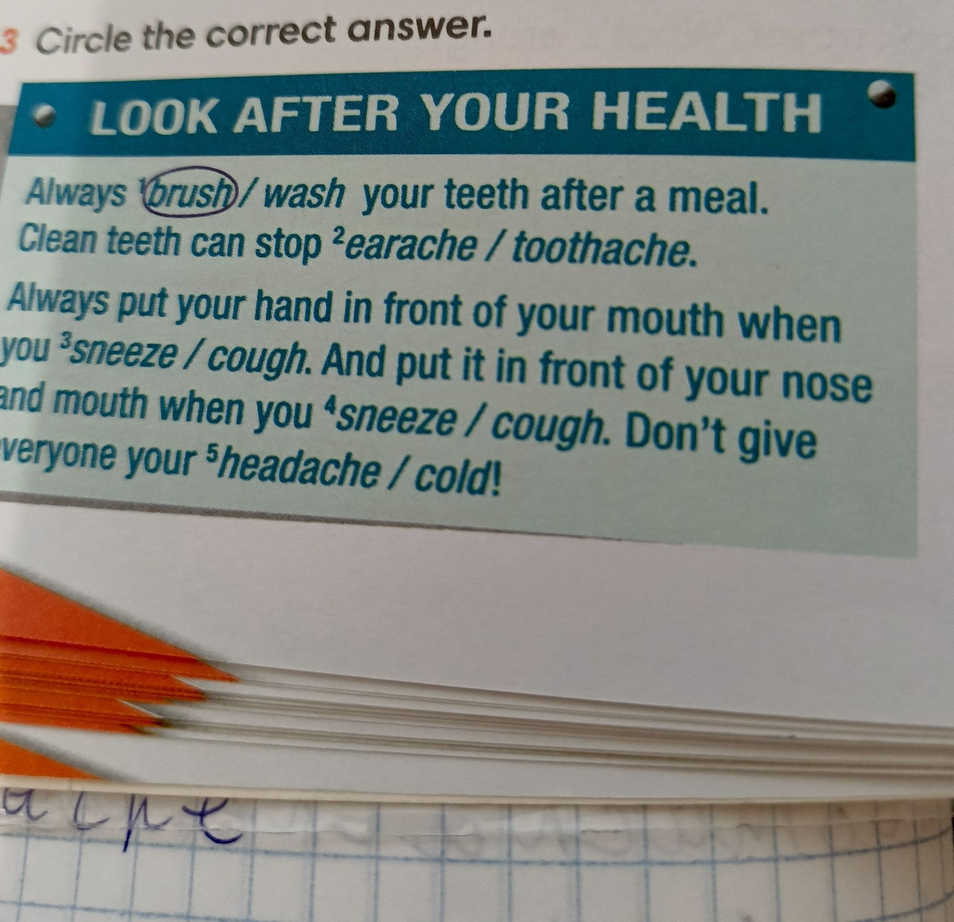 Фото задания: Circle the correct answer. Always brush / wash your teeth after a meal. Clean teeth can stop earache / toothache. Always…