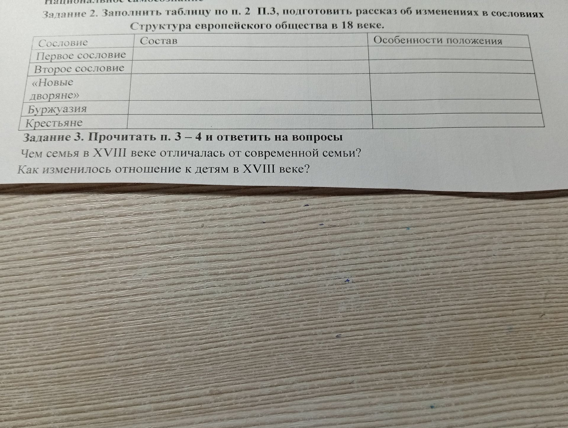 Фото задания: Задание 2. Заполнить таблицу по п. 2 и п. 3, подготовить рассказ об изменениях в сословиях. «Структура европейского…