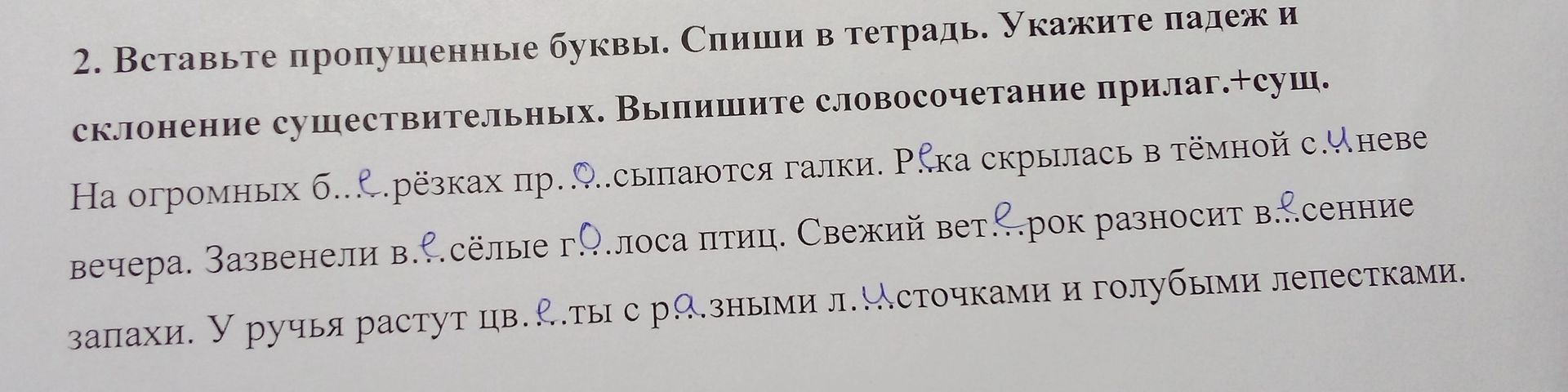 Фото задания: 2. Вставьте пропущенные буквы. Спиши в тетрадь. Укажите падеж и склонение существительных. Выпишите словосочетания прил.+сущ.…