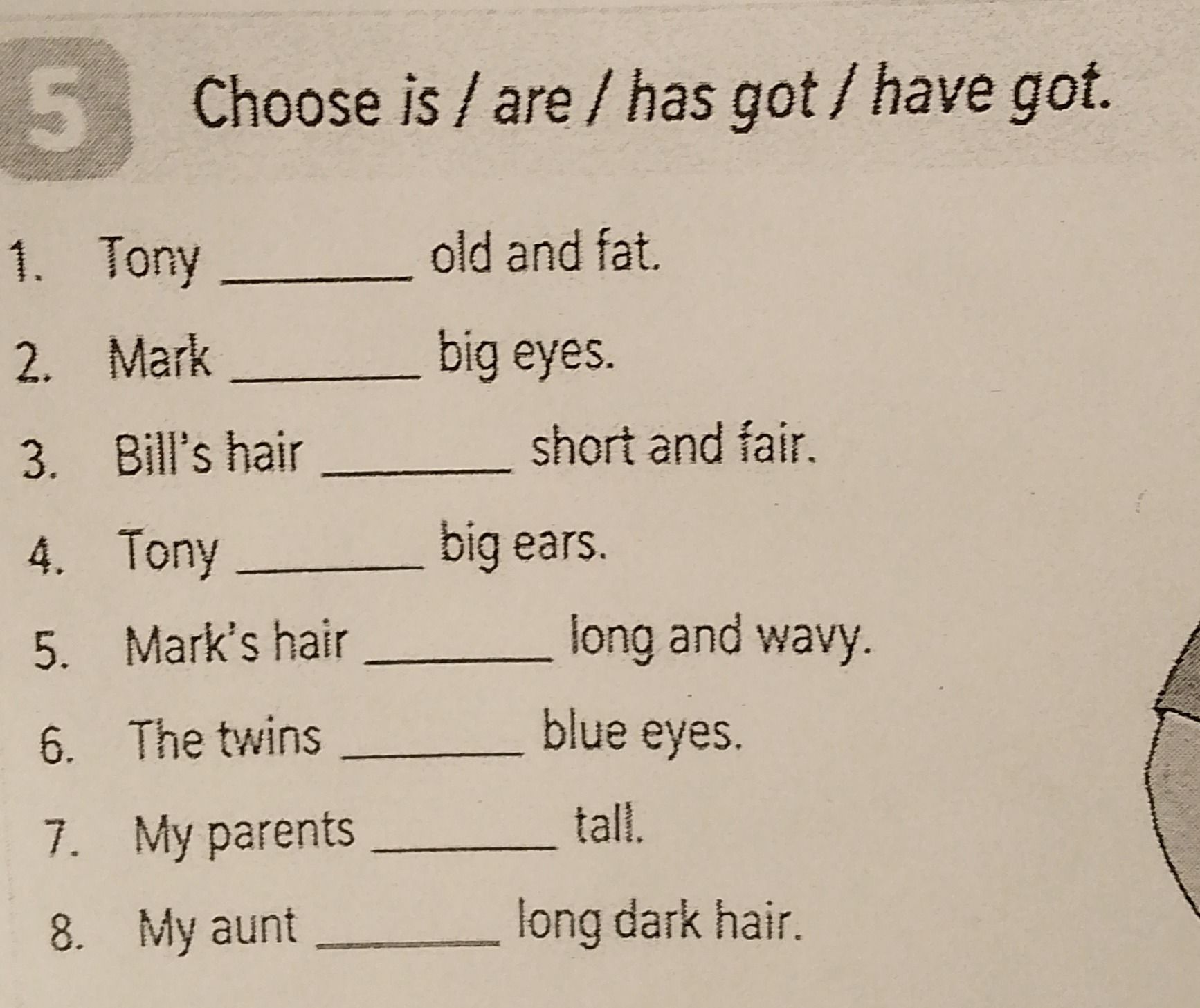 Фото задания: Choose is / are / has got / have got. 1. Tony ______ old and fat. 2. Mark ______ big eyes. 3. Bill’s hair ______ short and…