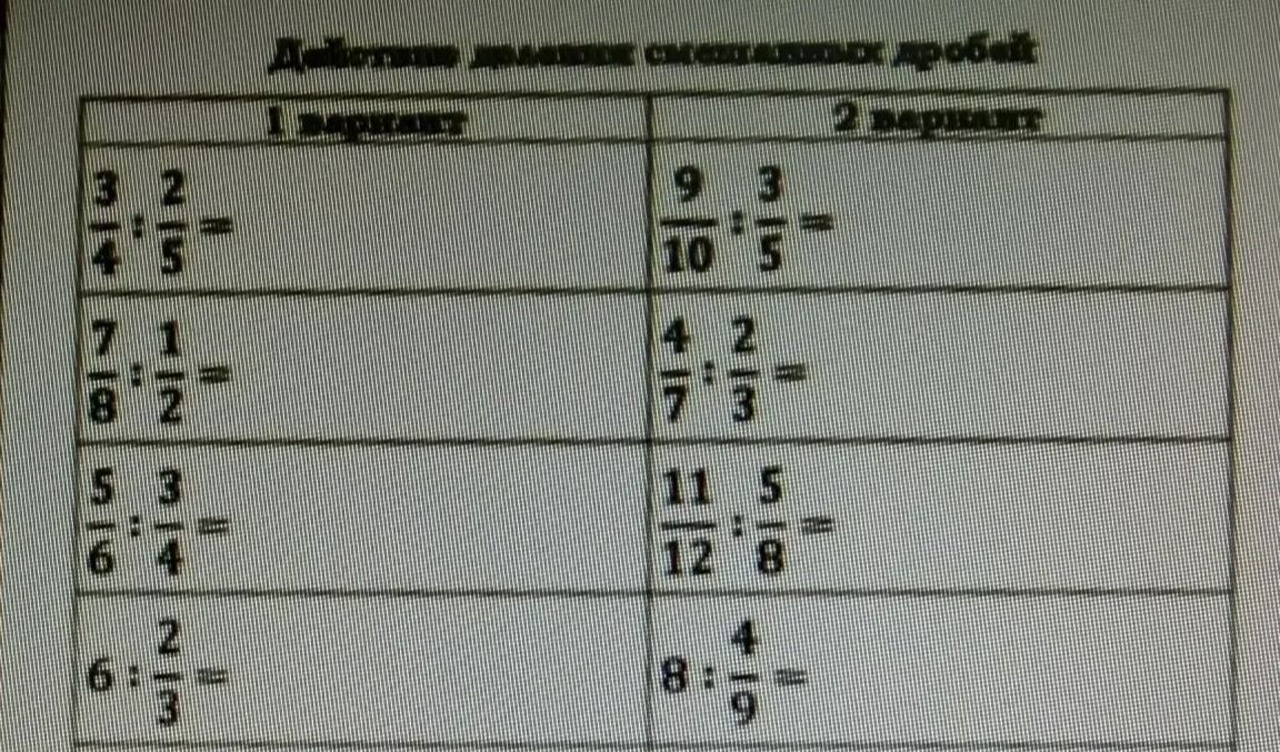 Фото задания: Вариант 1: 3/4 : 2/5 =; 7/8 : 1/2 =; 5/6 : 3/4 =; 6 : 2/3 =.
