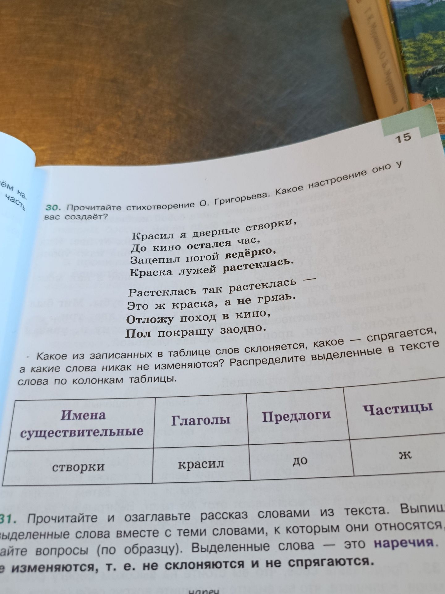 Фото задания: 30. Прочитайте стихотворение О. Григорьева. Какое настроение оно у вас создаёт? К каким частям речи относятся выделенные…