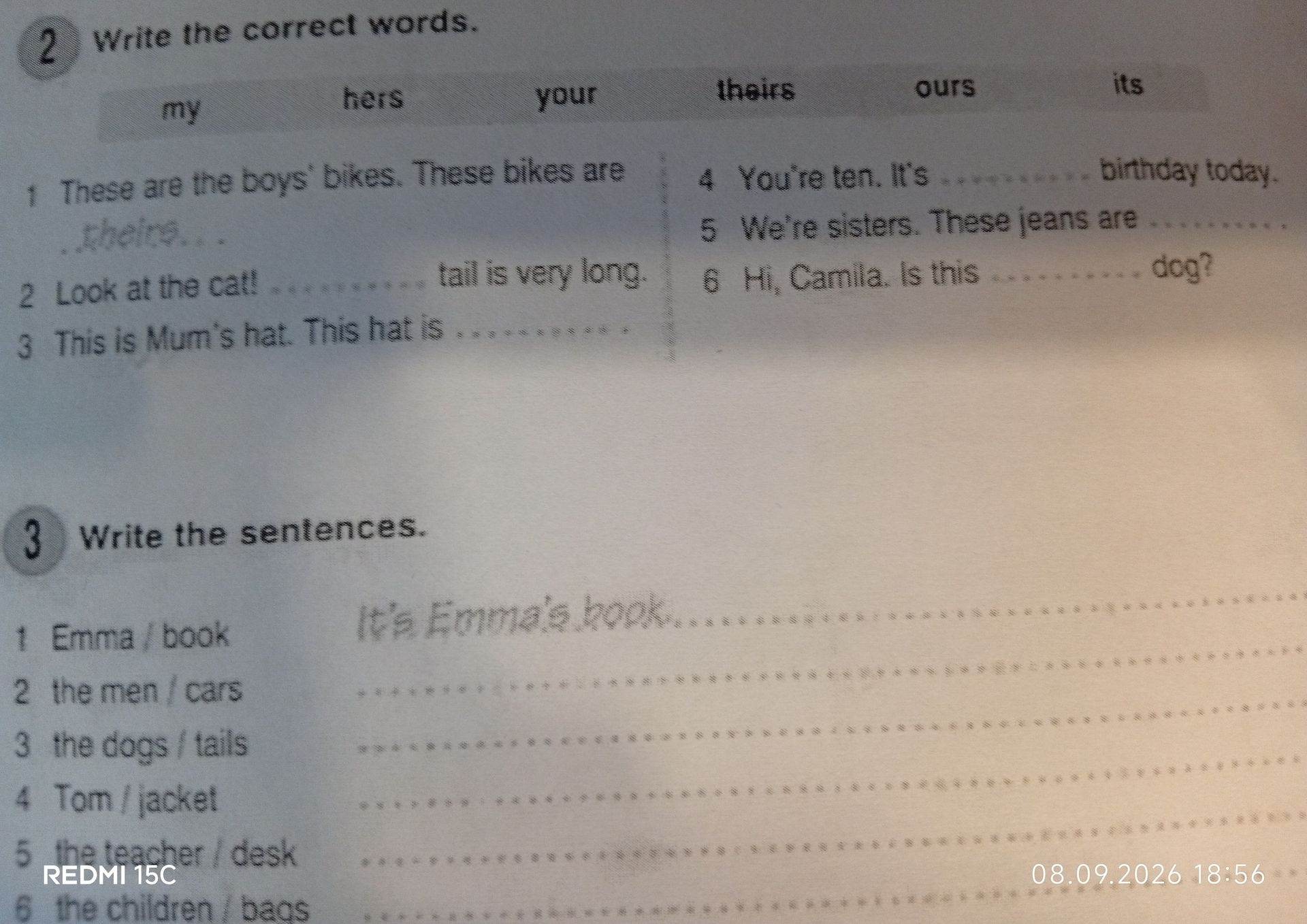 Фото задания: 3. Write the sentences. 1 Emma / book 2 the men / cars 3 the dogs / tails 4 Tom / jacket 5 the teacher / desk 6 the…