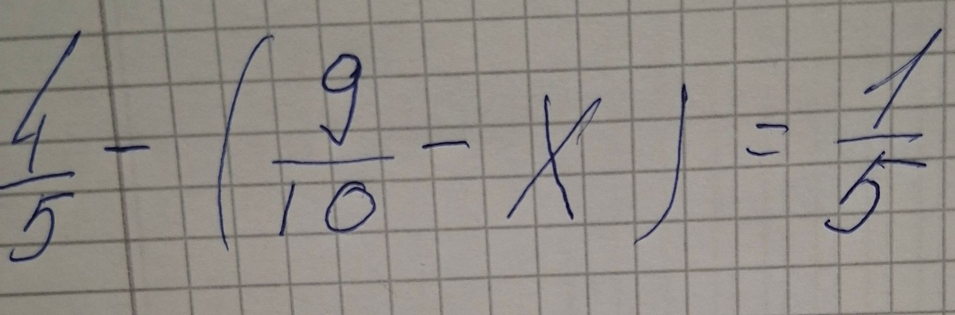 Фото задания: \(\frac{4}{5}-\left(\frac{9}{10}-x\right)=-\frac{1}{5}\)