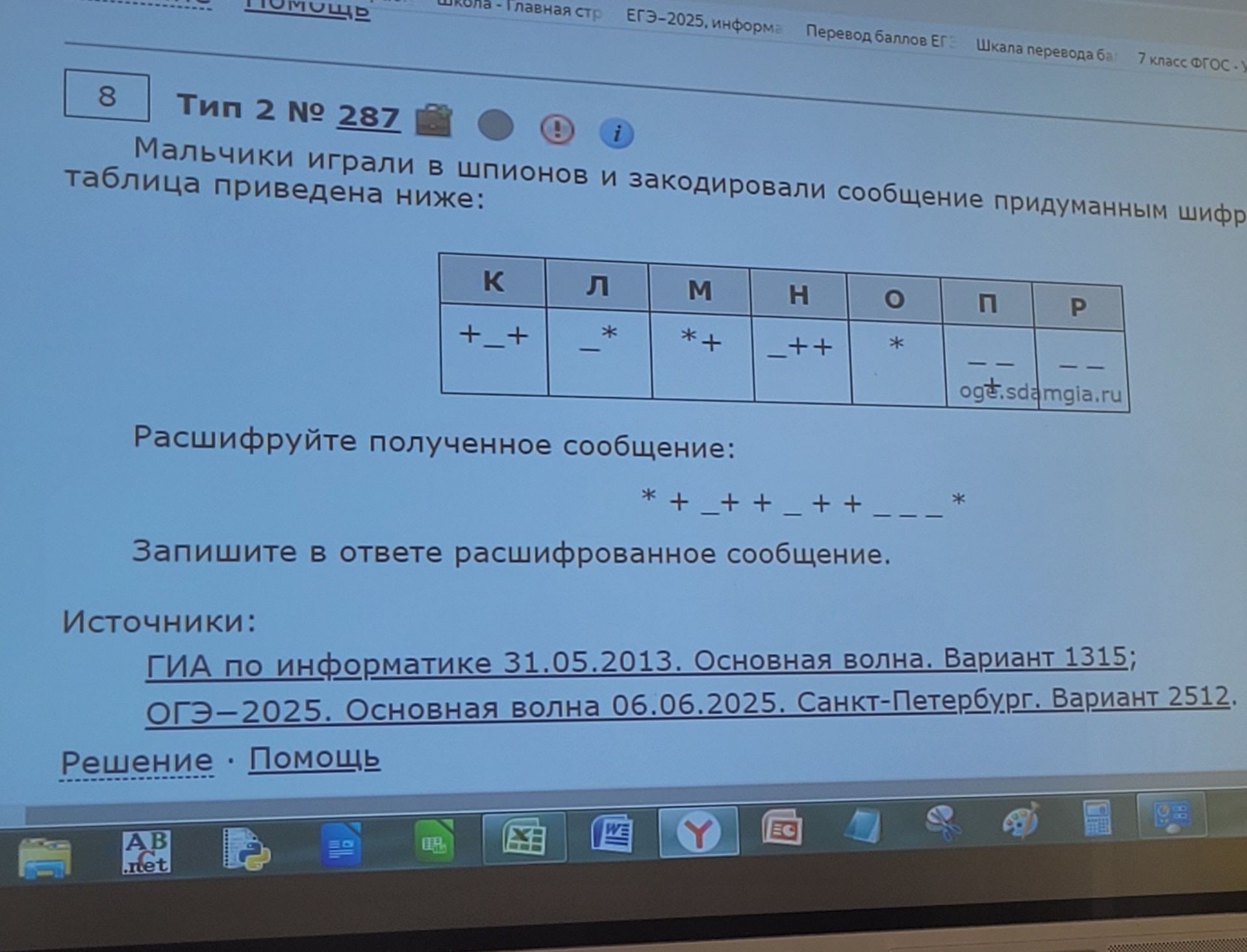 Фото задания: Мальчики играли в шпионов и закодировали сообщение придуманным шифром. Таблица: К — +−+; Л — −*; М — *+; Н — −++; О — *; П…