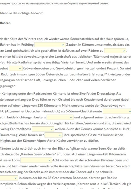 Фото задания: Füllen Sie die Lücken im deutschen Text über das Radfahren in Kärnten mit den passenden Wörtern aus.