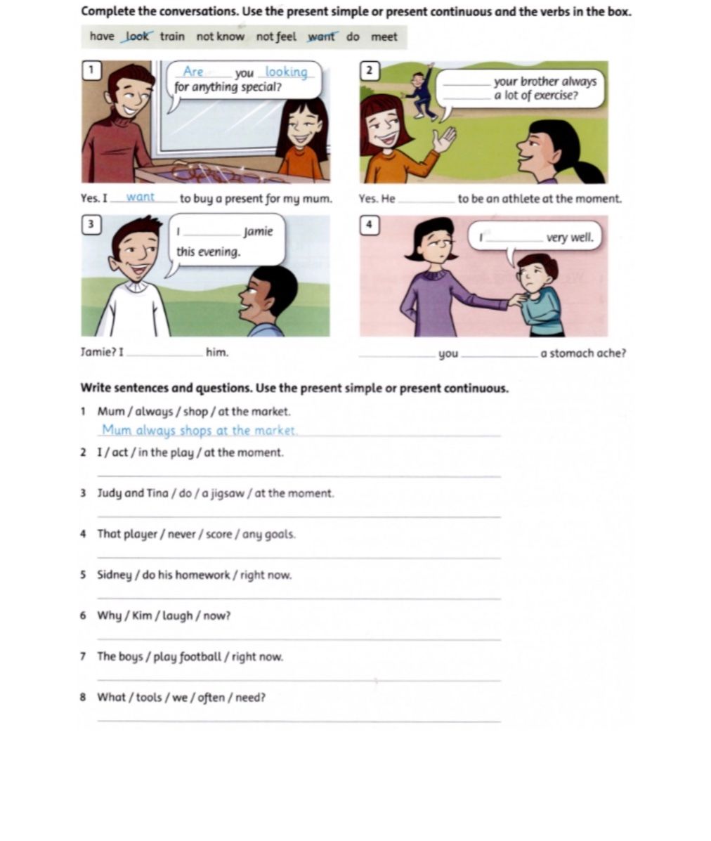 Фото задания: Write sentences and questions. Use the present simple or present continuous. 1. Mum / always / shop / at the market. 2. I /…
