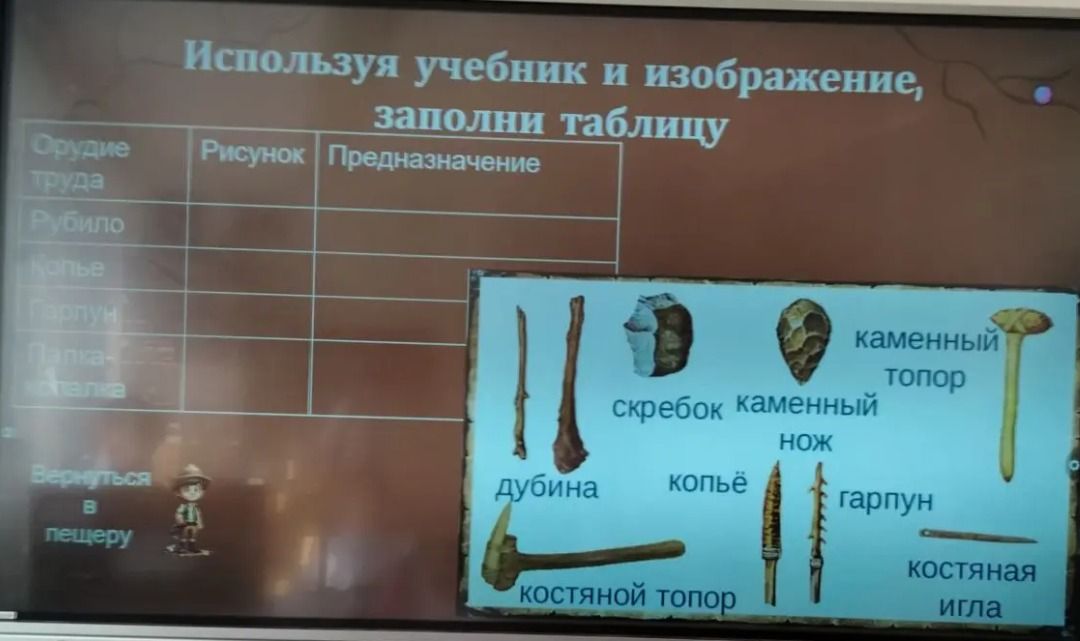 Фото задания: Используя учебник и изображение, заполни таблицу: «Орудие труда — Рисунок — Предназначение». На изображении представлены:…
