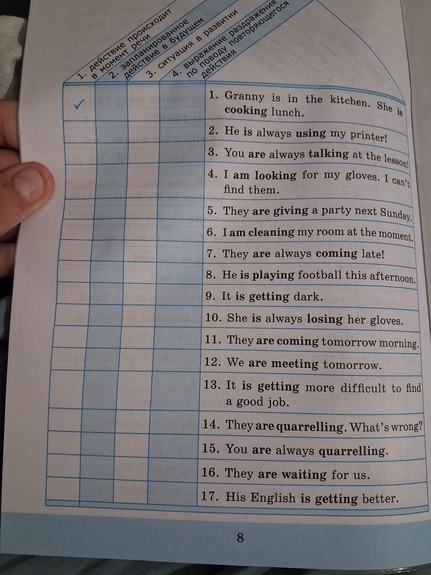 Фото задания: Put the sentences into the correct columns: 1. actions in the present moment; 2. planned future actions; 3. situations…