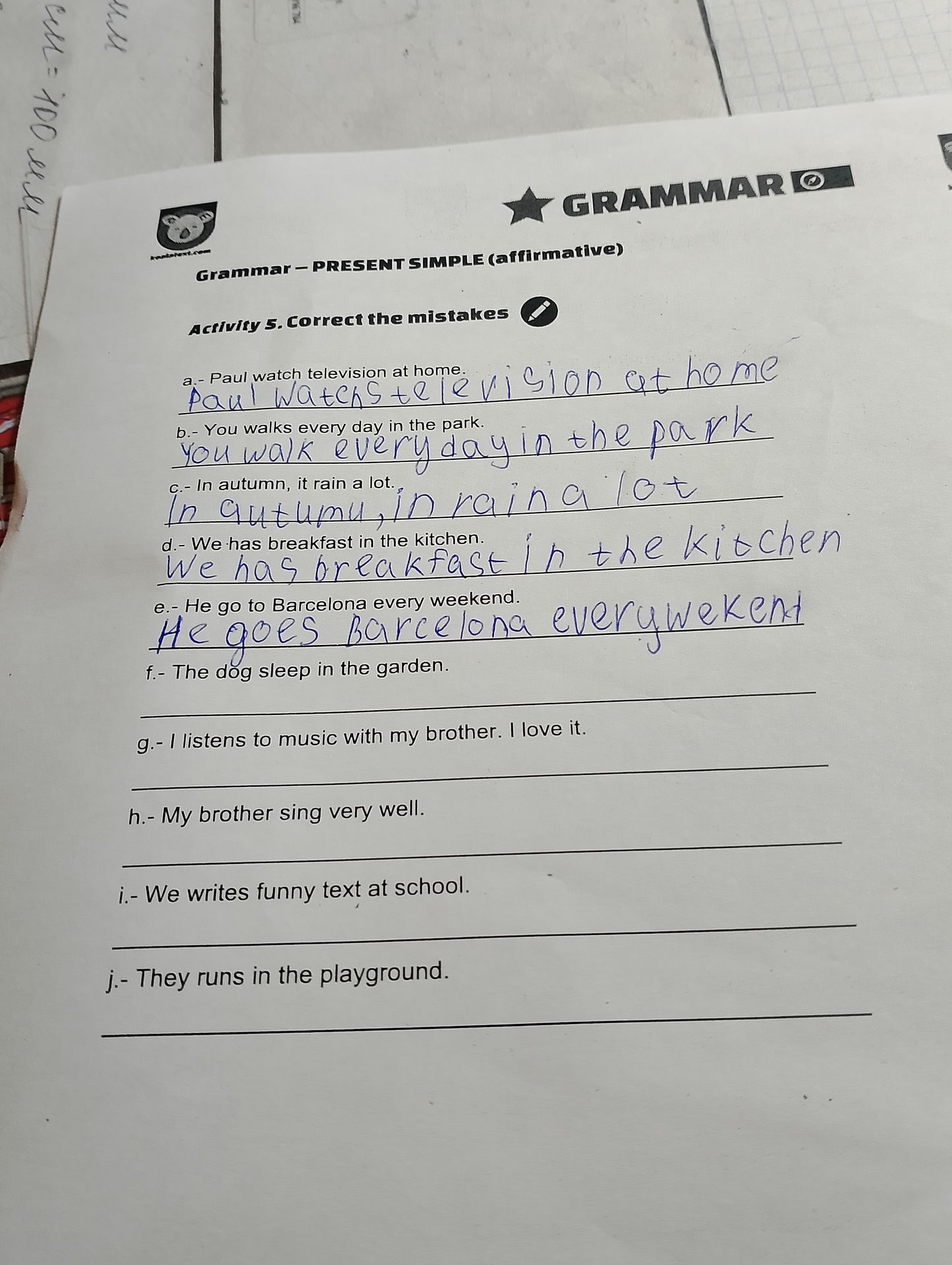 Фото задания: Grammar – Present Simple (affirmative). Activity 5. Correct the mistakes: a) Paul watch television at home. b) You walks…