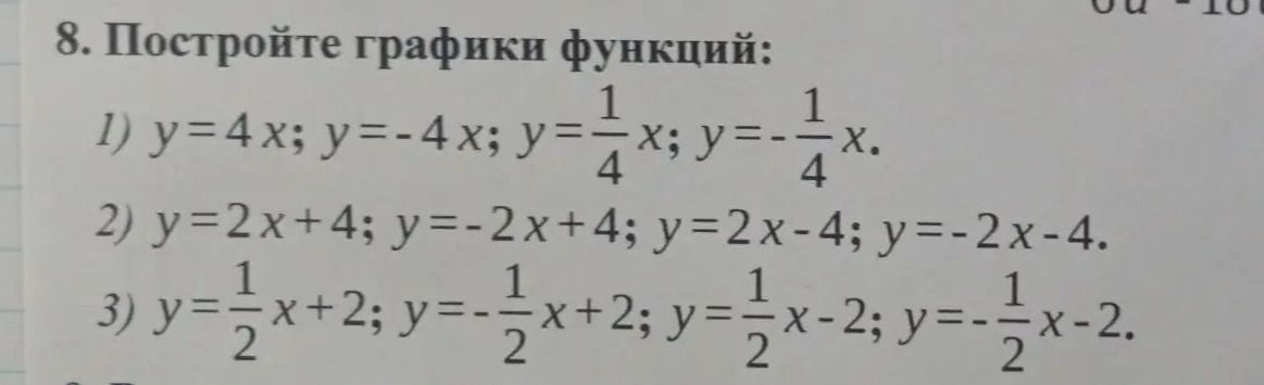 Фото задания: 8. Постройте графики функций: 1) y = 4x; y = −4x; y = 1/4x; y = −1/4x. 2) y = 2x + 4; y = −2x + 4; y = 2x − 4; y = −2x − 4.…