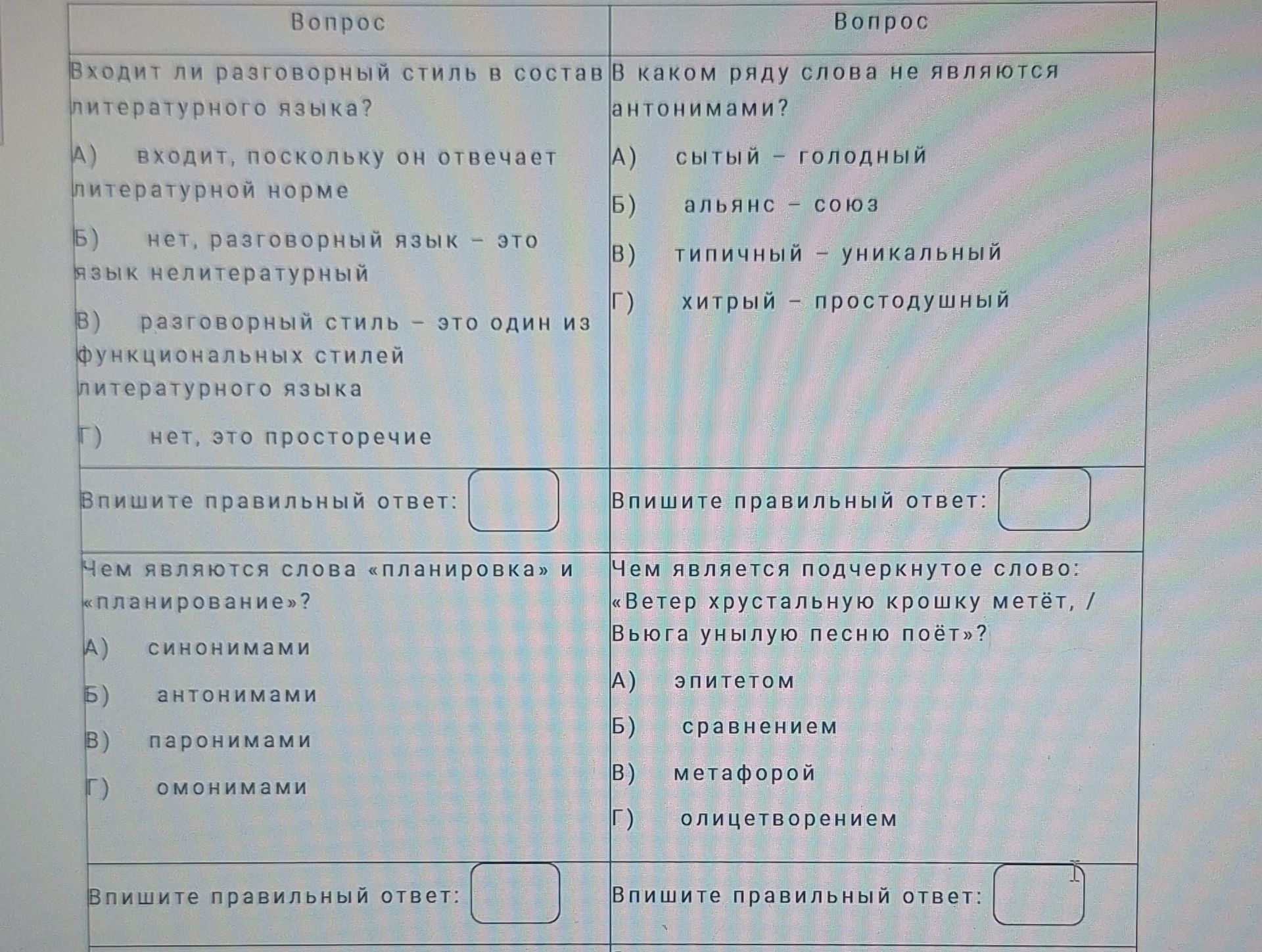 Фото задания: Чем является подчёркнутое слово: «Ветер хрустальную крошку метёт, / Вьюга унылую песню поёт»? А) эпитетом; Б) сравнением;…