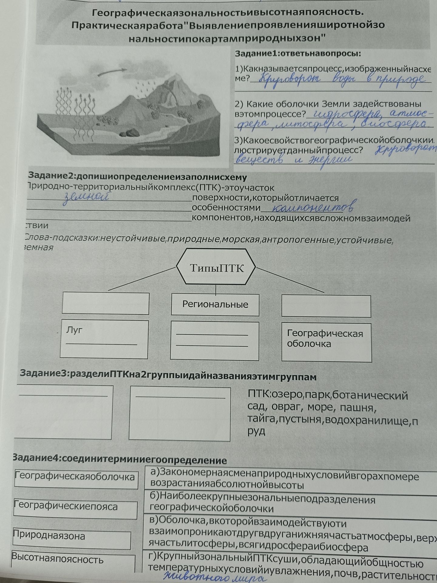 Фото задания: Задание 2. Допишите определение и заполните схему: «Природно-территориальный комплекс (ПТК) — это участок ______ поверхности,…