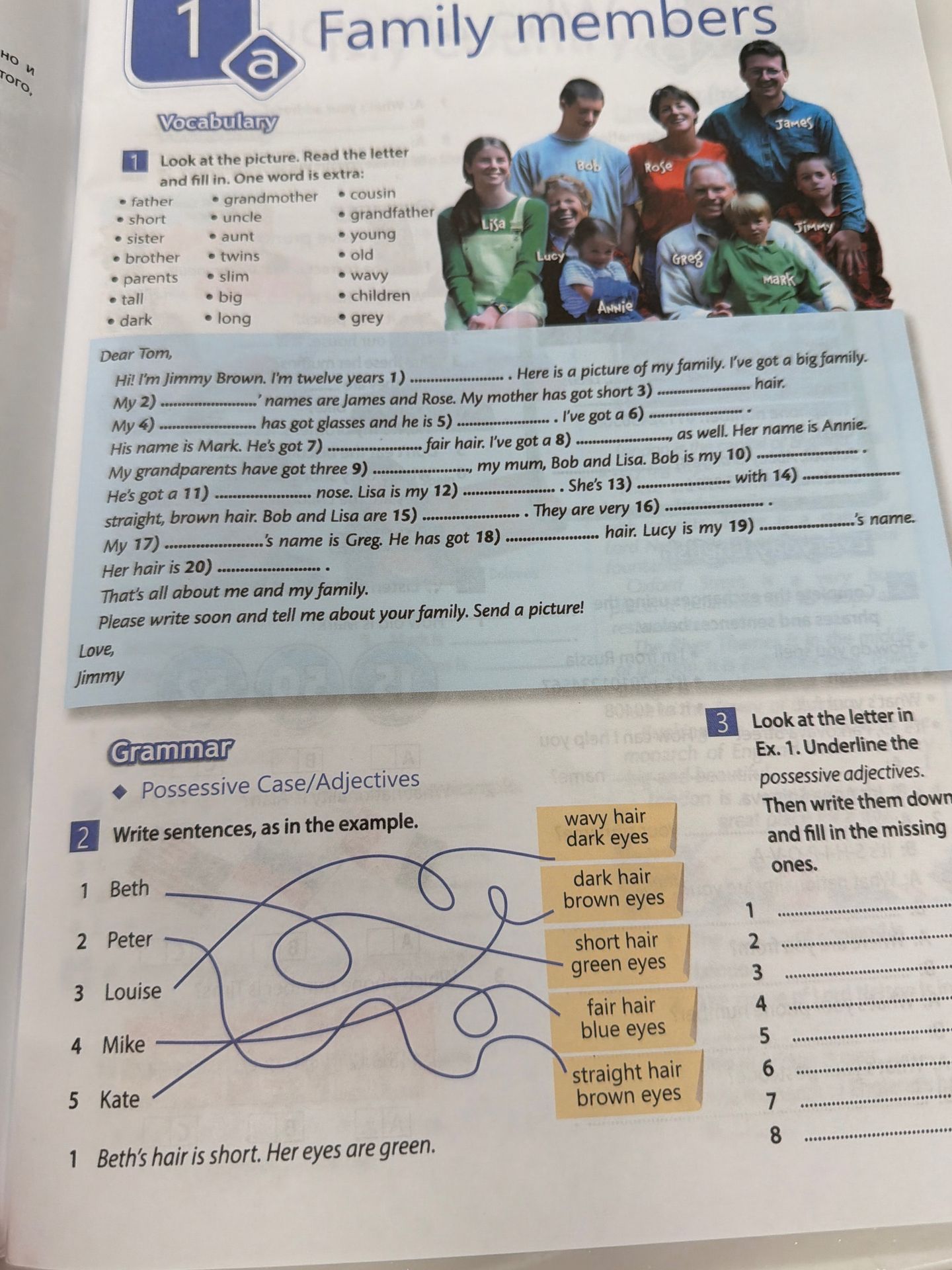 Фото задания: 2. Write sentences, as in the example. Match Beth, Peter, Louise, Mike and Kate with the descriptions of their hair and eyes.