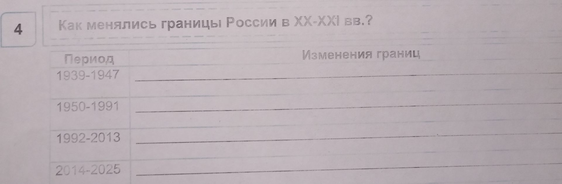 Фото задания: Как менялись границы России в XX–XXI вв.? Заполните таблицу: 1939–1947; 1950–1991; 1992–2013; 2014–2025.