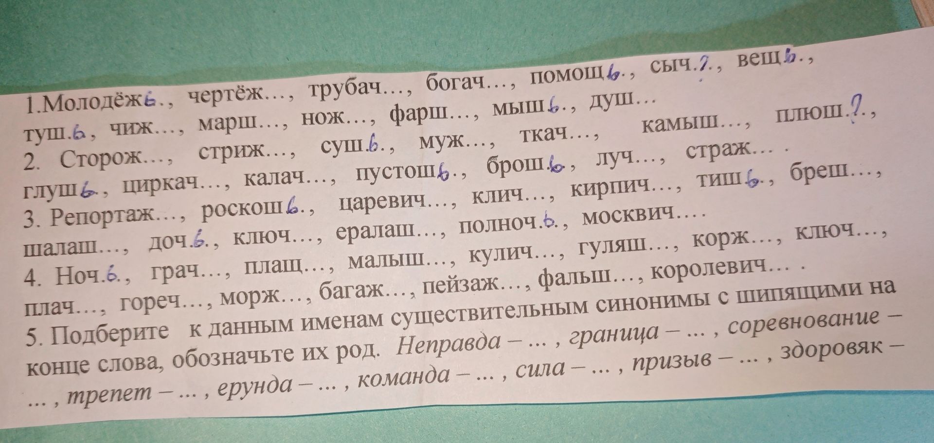 Фото задания: 1. Вставьте, где нужно, мягкий знак: молодёж…, чертёж…, трубач…, богач…, помощь…, сыч…, вещ…; туш…, чиж…, марш…, нож…, фарш…,…