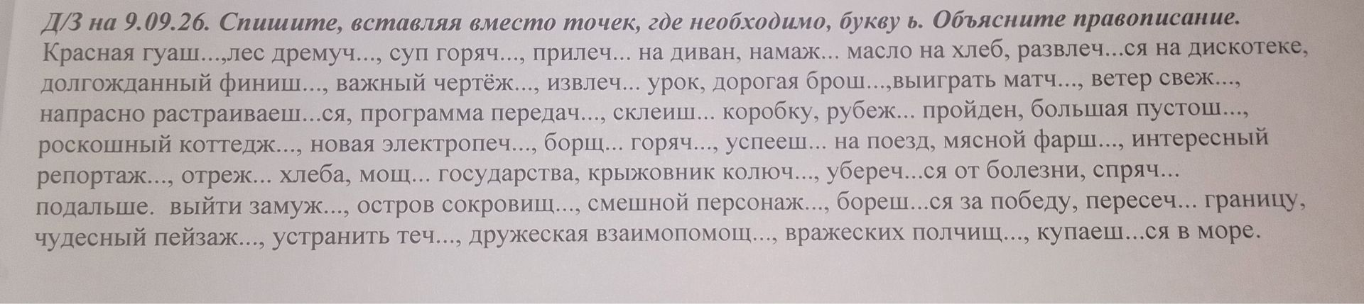 Фото задания: Спишите, вставляя вместо точек, где необходимо, букву ь. Объясните правописание. Красная гуаш..., лес дремуч..., суп…