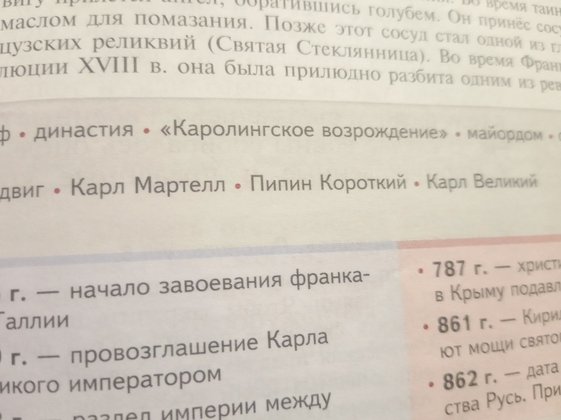 Фото задания: На фотографии виден только фрагмент страницы учебника: термины «династия», «Каролингское возрождение», «майордом», имена Карл…