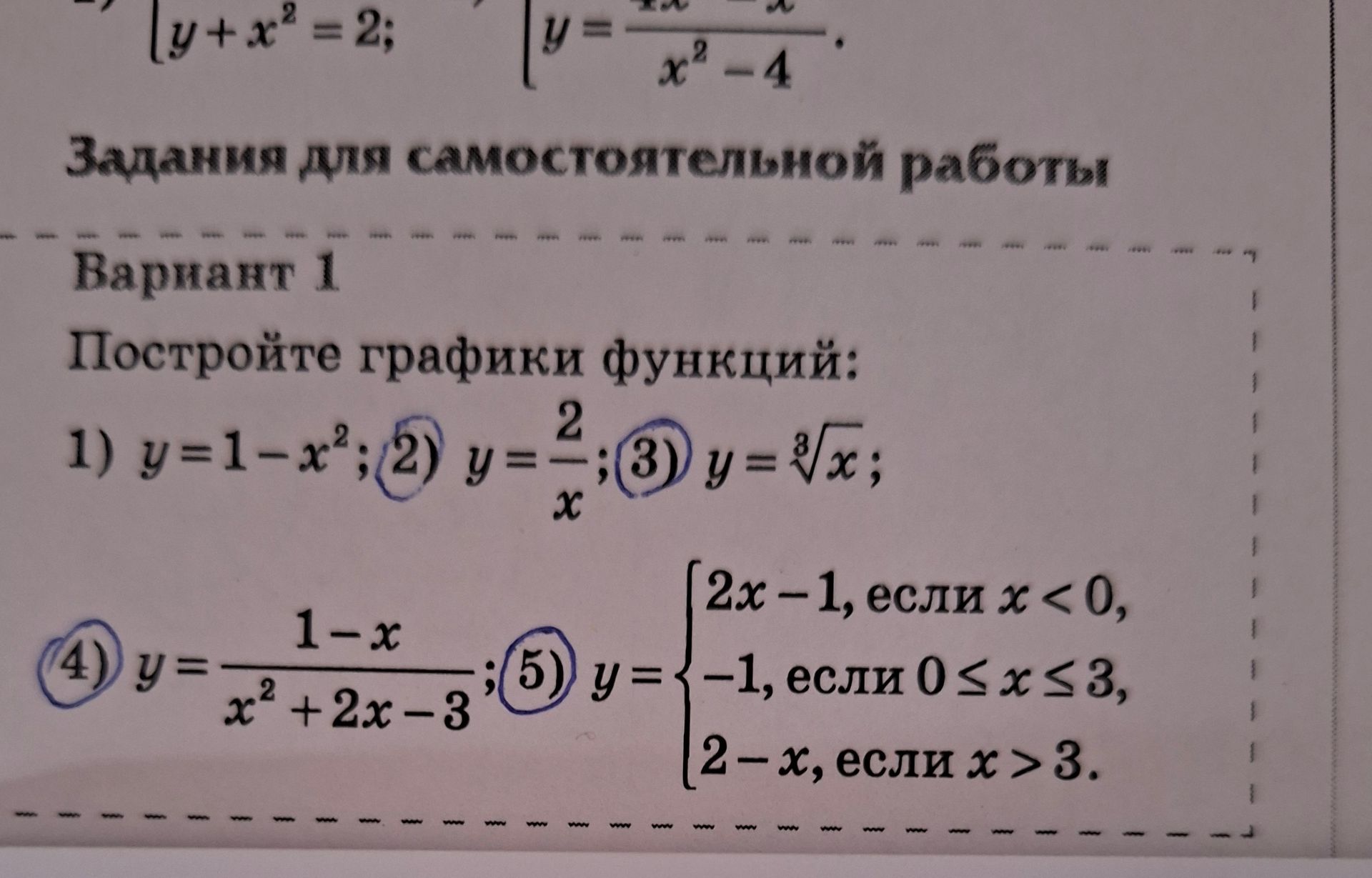 Фото задания: Постройте графики функций: 1) \(y=1-x^2\); 2) \(y=\frac{2}{x}\); 3) \(y=\sqrt[8]{x}\); 4) \(y=\frac{1-x}{x^2+2x-3}\); 5)…