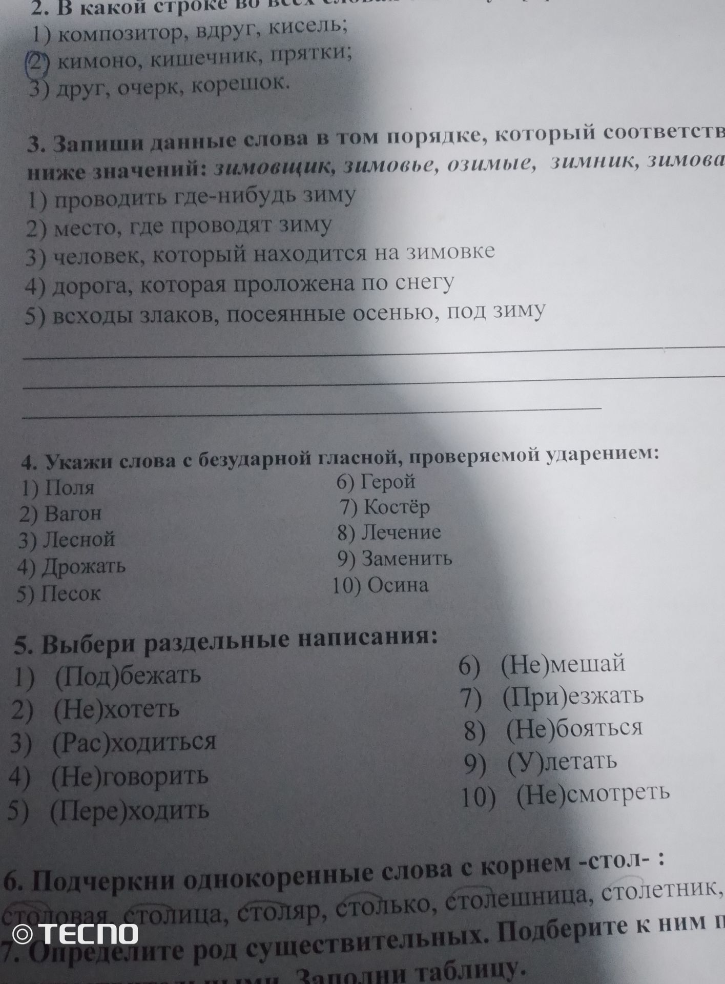 Фото задания: 6. Подчеркни однокоренные слова с корнем -стол-: столик, столица, столяр, столько, столешница, столетник.