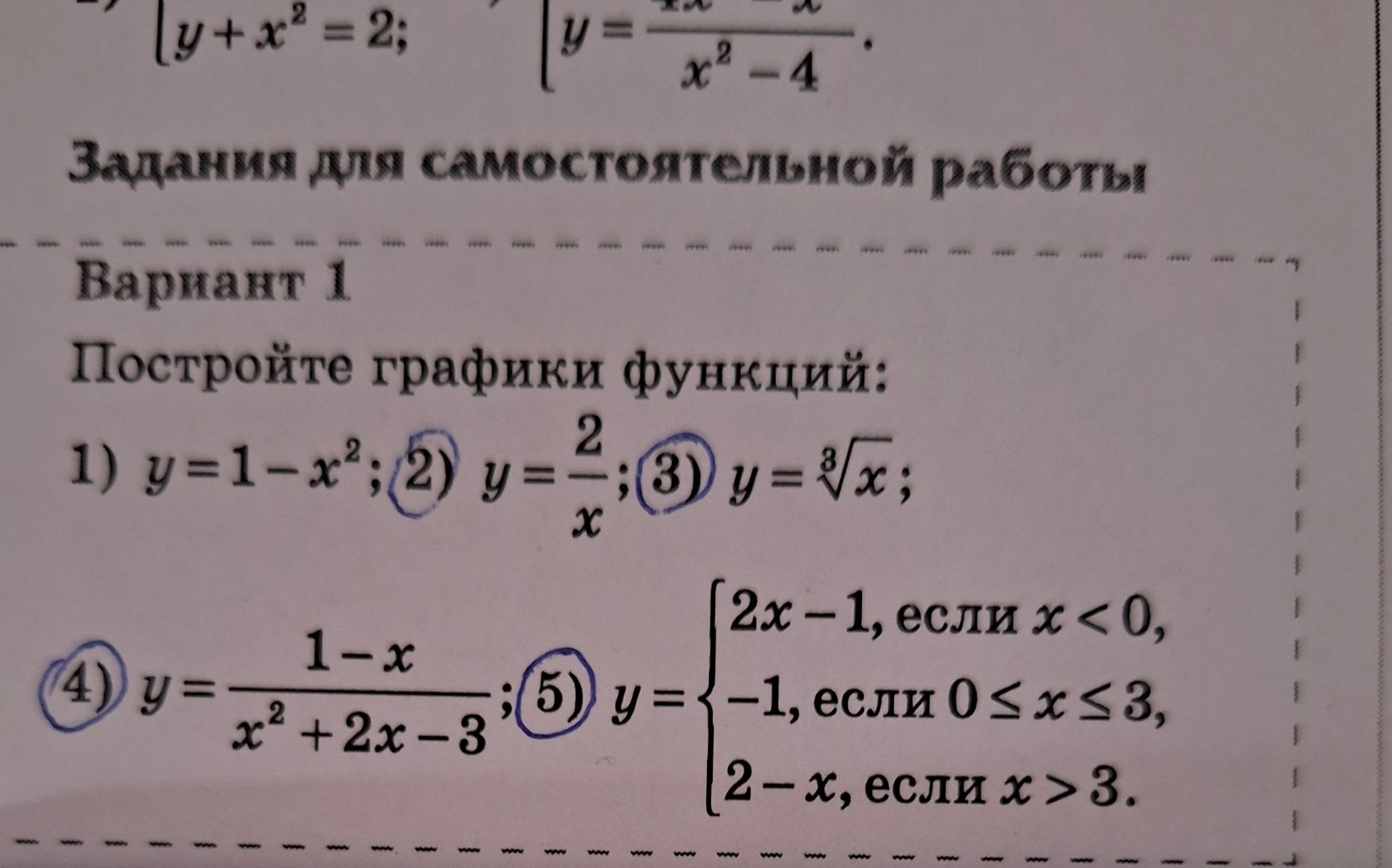 Фото задания: Вариант 1. Постройте графики функций: 1) \(y=1-x^2\); 2) \(y=\frac{2}{x}\); 3) \(y=\sqrt[3]{x}\); 4)…