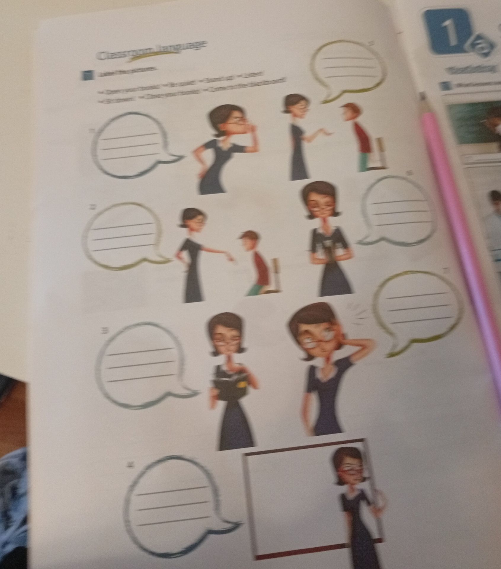 Фото задания: Classroom language. Look at the pictures and complete the speech bubbles. [Текст задания на фотографии неразборчив.]