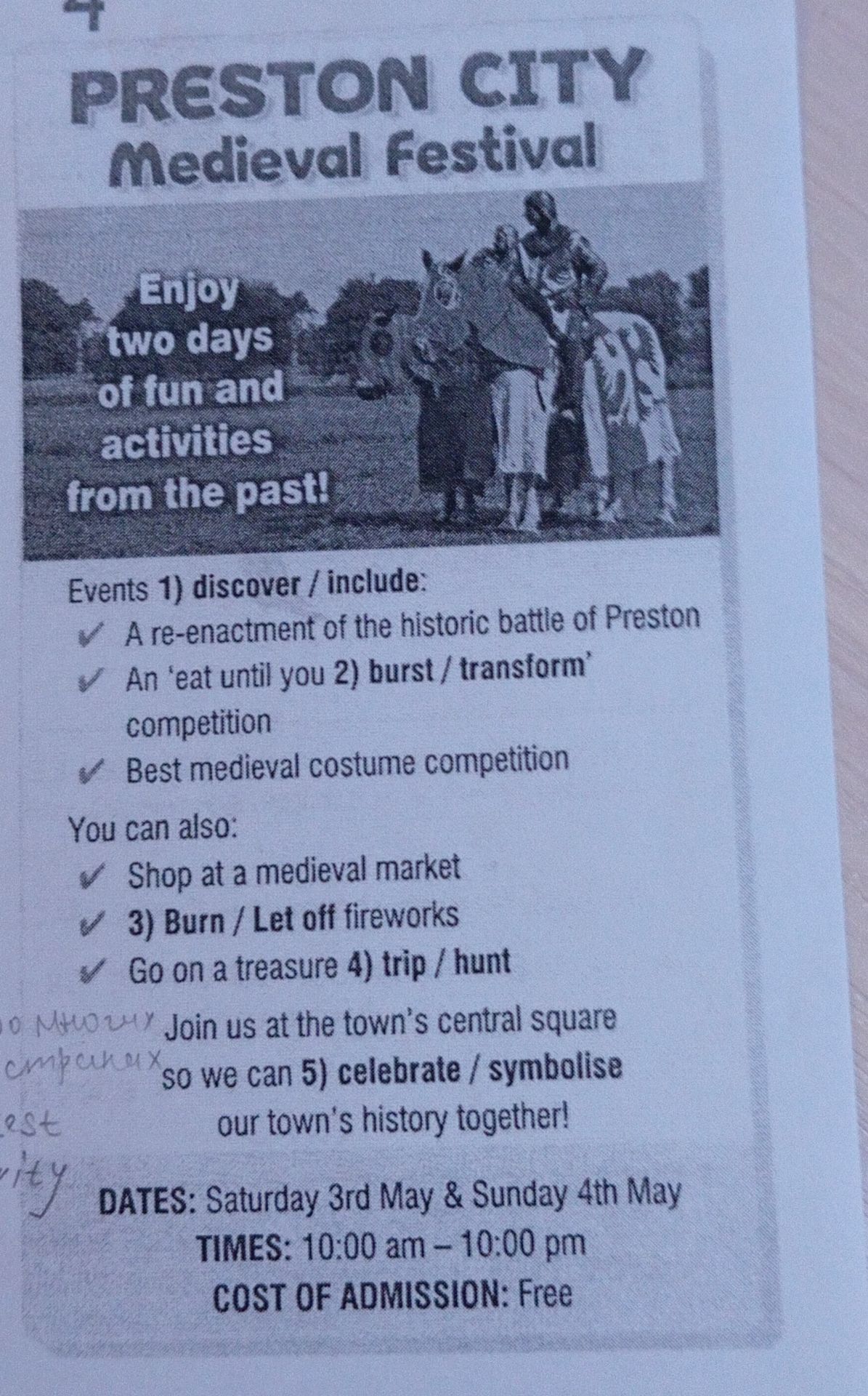 Фото задания: Complete the text with the correct words: Events 1) discover / include: A re-enactment of the historic battle of Preston;…