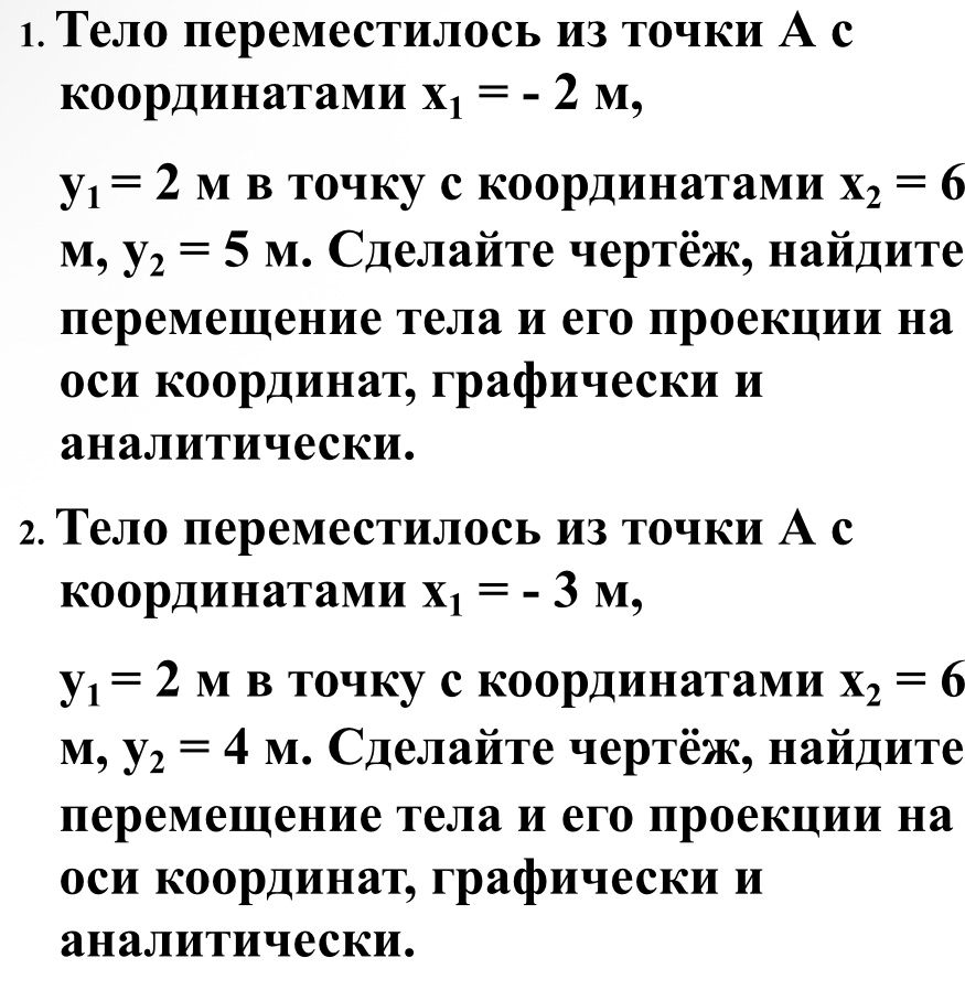 Фото задания: 1. Тело переместилось из точки A с координатами x₁ = −2 м, y₁ = 2 м в точку с координатами x₂ = 6 м, y₂ = 5 м. Сделайте…