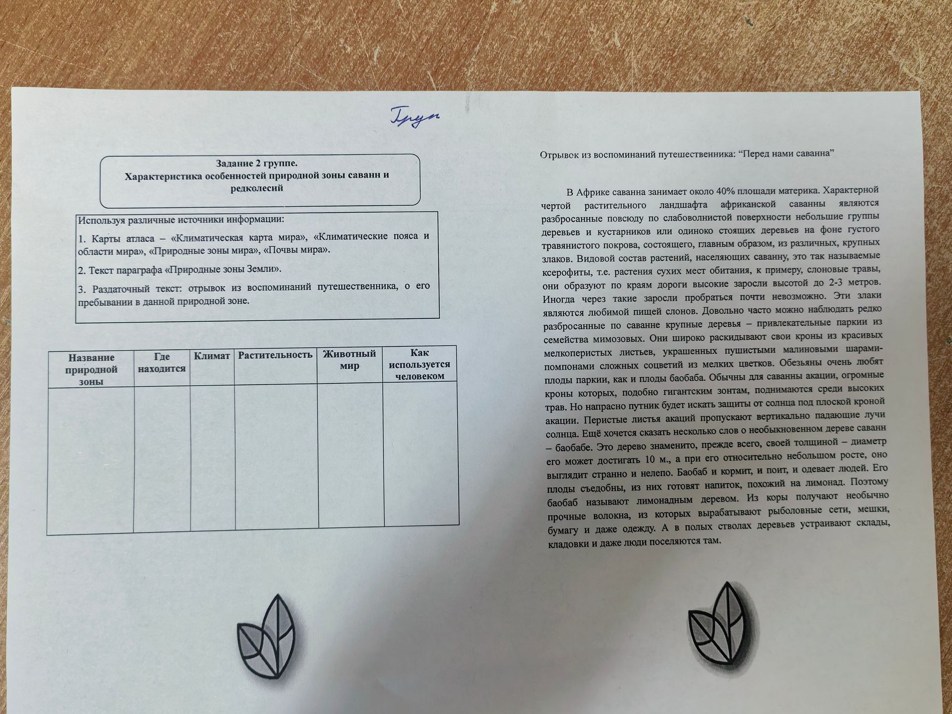 Фото задания: Задание 2 группе. Охарактеризуйте особенности природной зоны саванн и редколесий: заполните таблицу по плану «Название…
