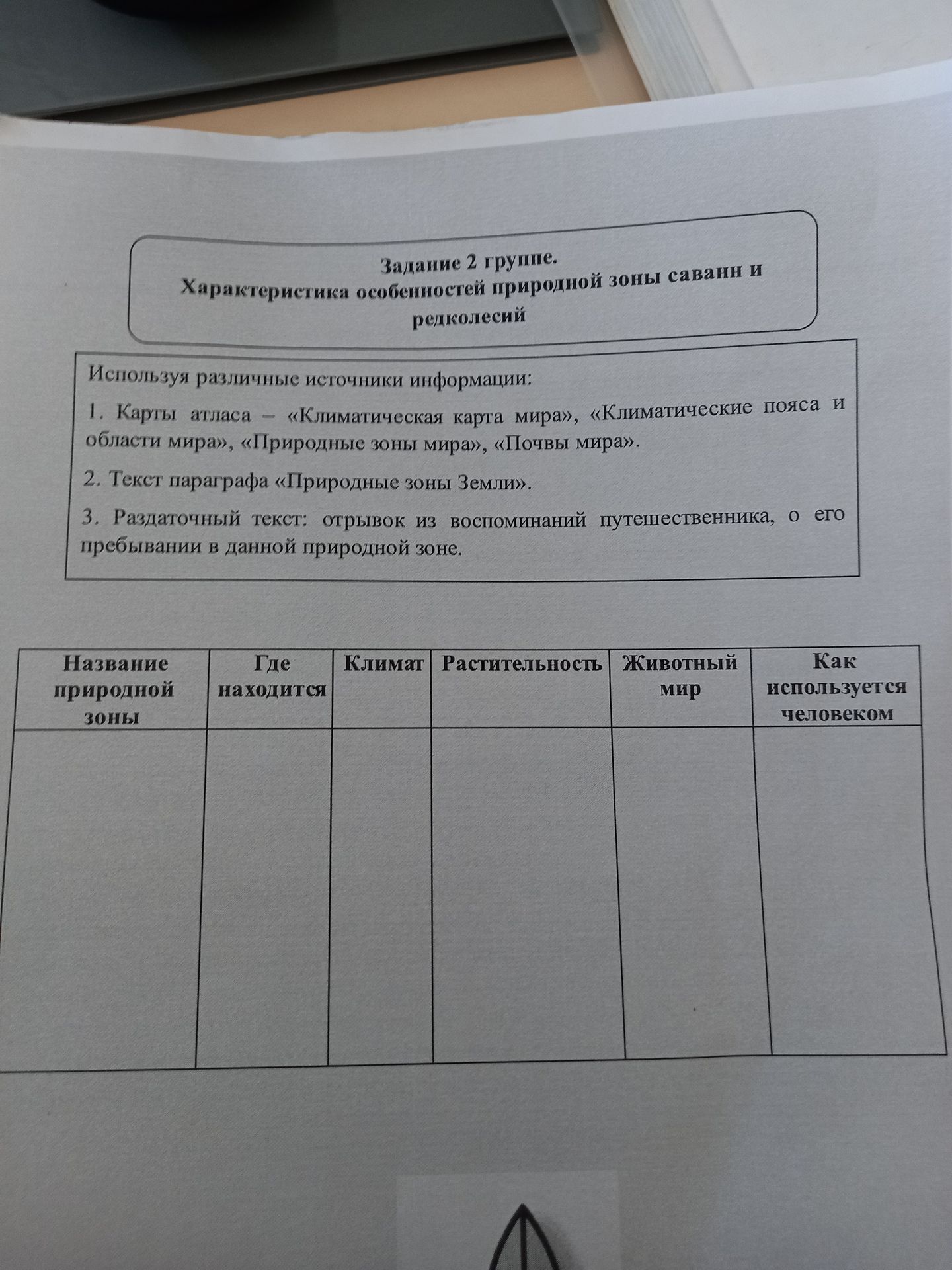 Фото задания: Задание 2 группе. Характеристика особенностей природной зоны саванни и редколесий. Заполните таблицу: «Название природной…