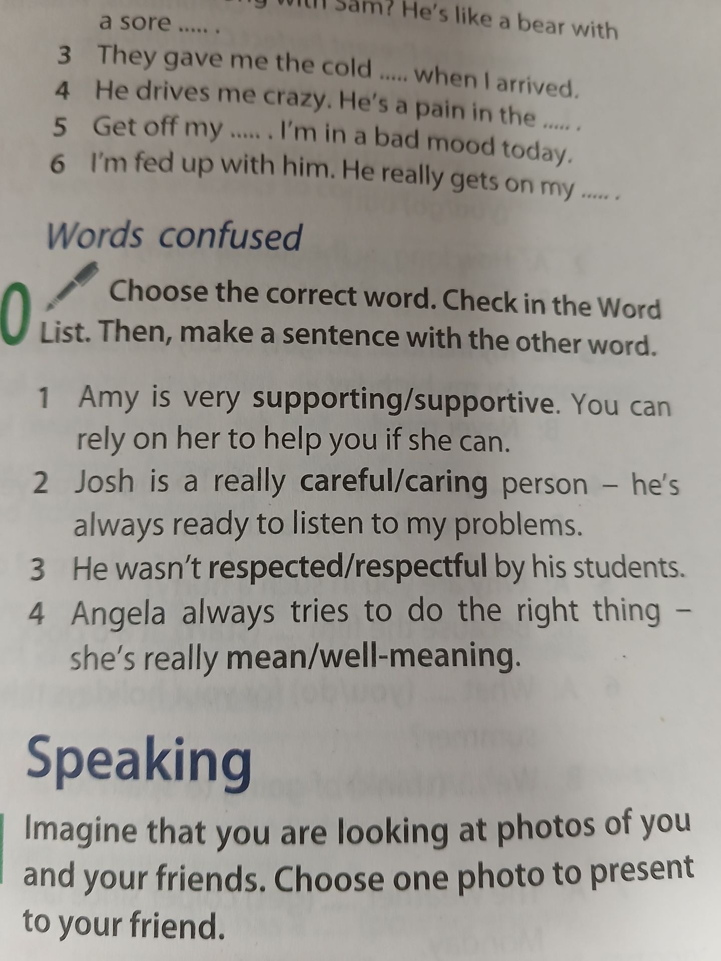 Фото задания: Choose the correct word. Check in the Word List. Then, make a sentence with the other word. 2 Josh is a really careful/caring…