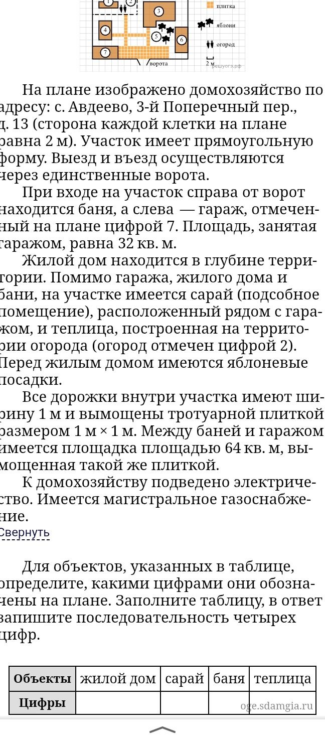 Фото задания: Для объектов, указанных в таблице, определите, какими цифрами они обозначены на плане: жилой дом, сарай, баня, теплица.