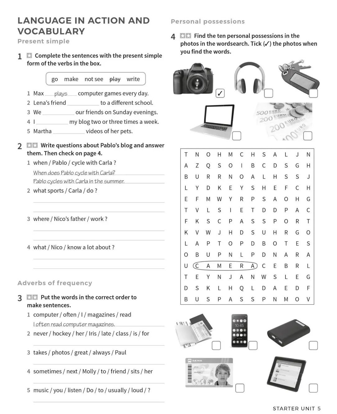 Фото задания: 1. Complete the sentences with the present simple form of the verbs in the box: go, make, not see, play, write. 1 Max ___…