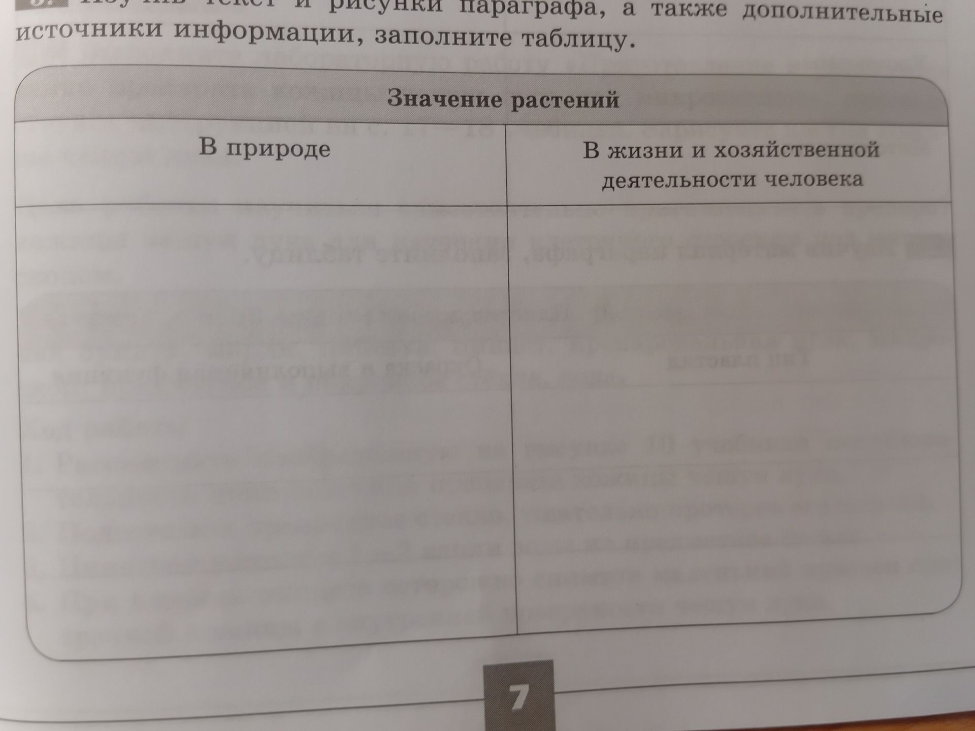 Фото задания: По тексту и рисункам параграфа, а также дополнительным источникам информации, заполните таблицу «Значение растений».