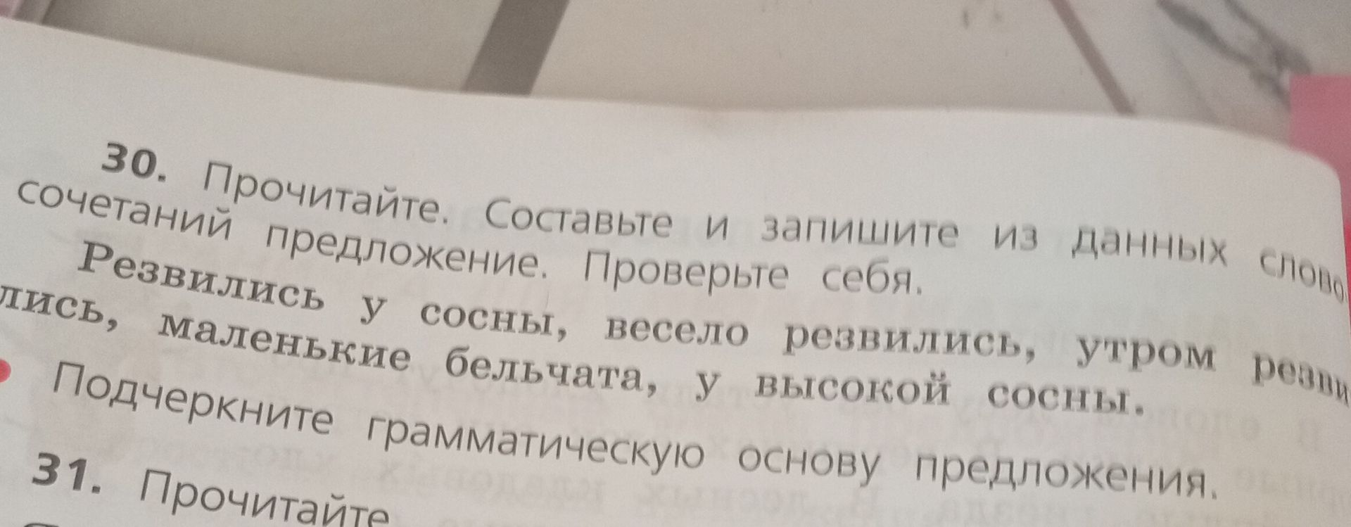 Фото задания: 30. Прочитайте. Составьте и запишите из данных словосочетаний предложение. Проверьте себя. Резвились у сосны, весело…