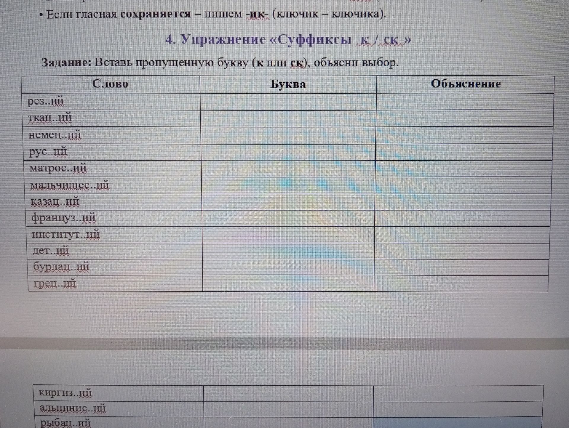 Фото задания: Упражнение «Суффиксы -к-/-ск-». Вставь пропущенную букву (к или ск), объясни выбор: рез...кий, ткац...кий, немец...кий,…