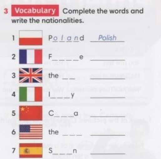 Фото задания: Vocabulary. Complete the words and write the nationalities. 1. Poland — Polish. 2. F____e — ____. 3. the __ — ____. 4. I____y…