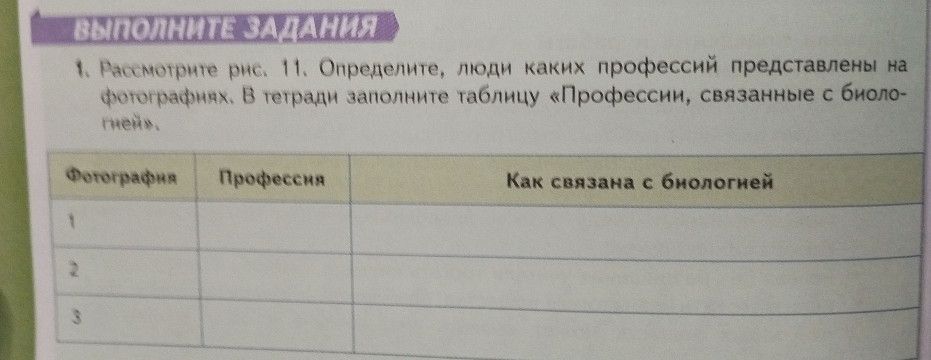 Фото задания: Рассмотрите рис. 11. Определите, люди каких профессий представлены на фотографиях. В тетради заполните таблицу «Профессии,…