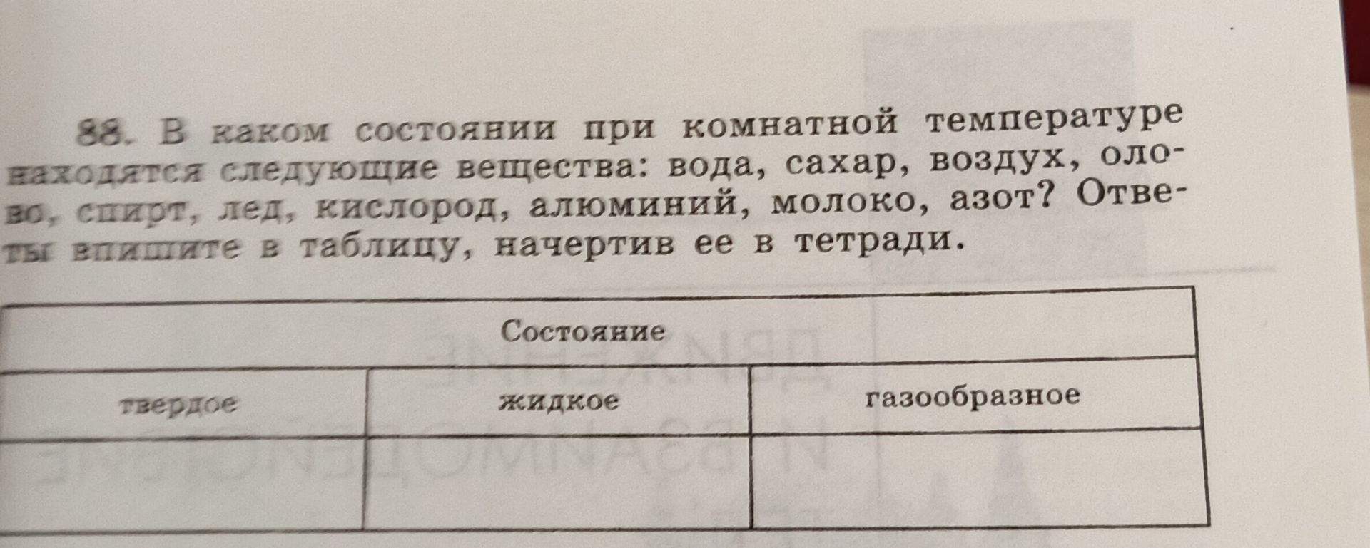 Фото задания: 88. В каком состоянии при комнатной температуре находятся следующие вещества: вода, сахар, воздух, олово, сироп, лёд,…