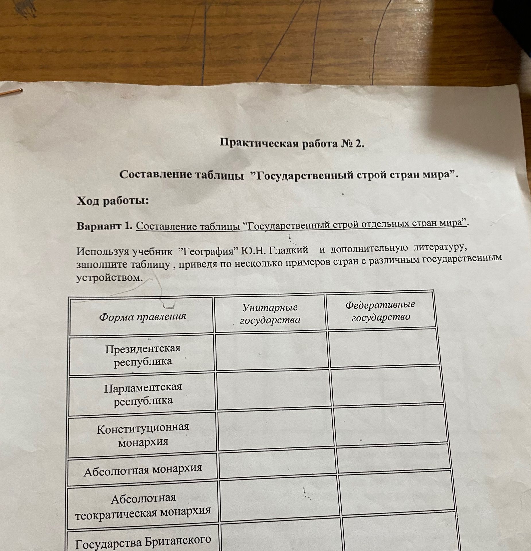 Фото задания: Вариант 1. Составление таблицы «Государственный строй отдельных стран мира». Заполните таблицу, приведя по несколько примеров…