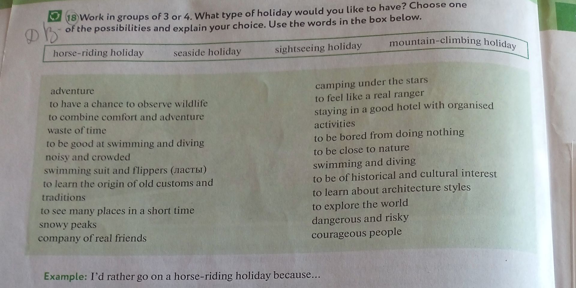 Фото задания: Work in groups of 3 or 4. What type of holiday would you like to have? Choose one of the possibilities and explain your…