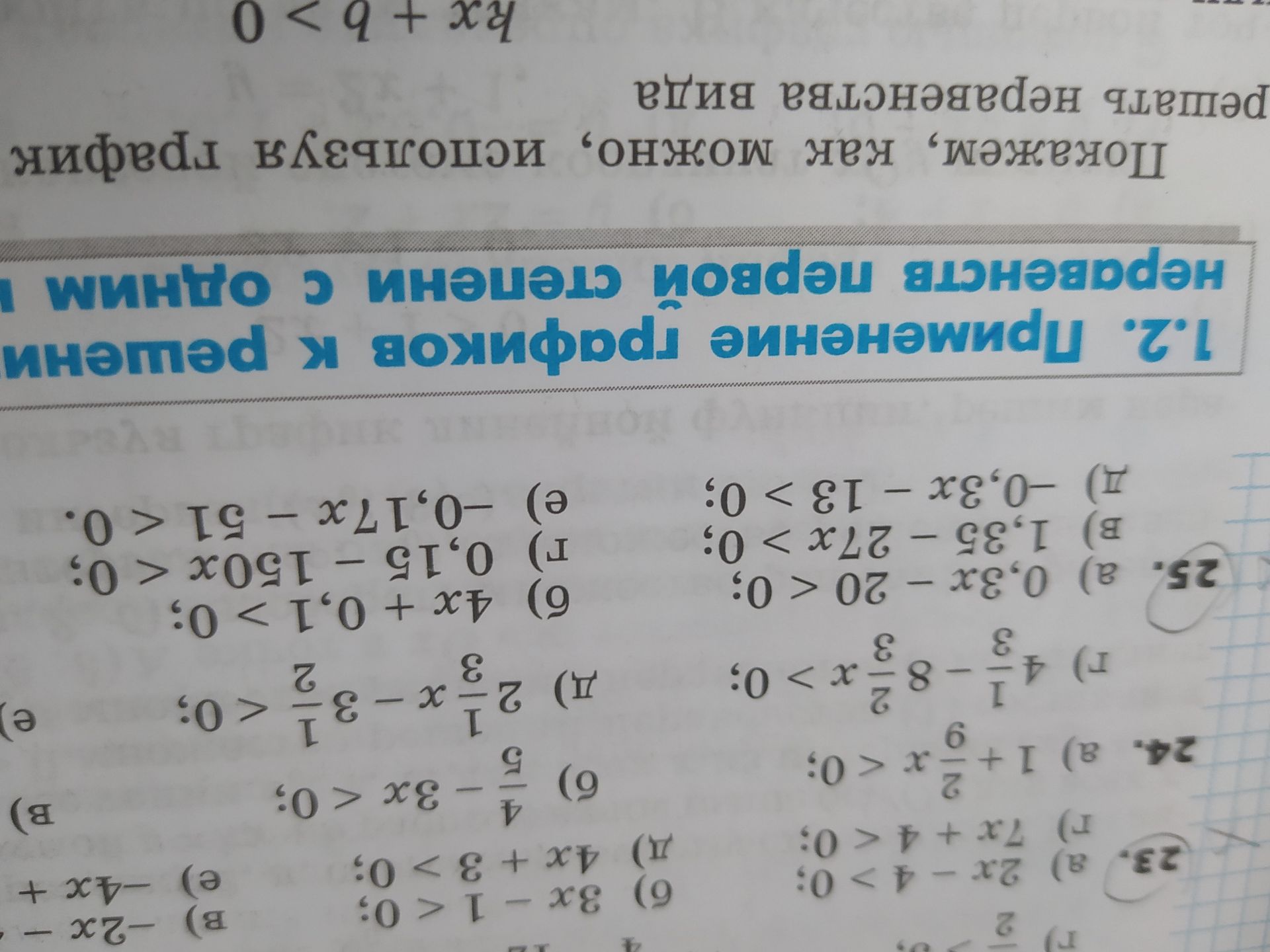Фото задания: 25. Решите неравенства: а) 0,3x − 20 < 0; б) 1,35 − 27x > 0; в) −0,3x − 13 > 0; г) 4x + 0,1 > 0; д) 0,15 − 150x < 0; е)…