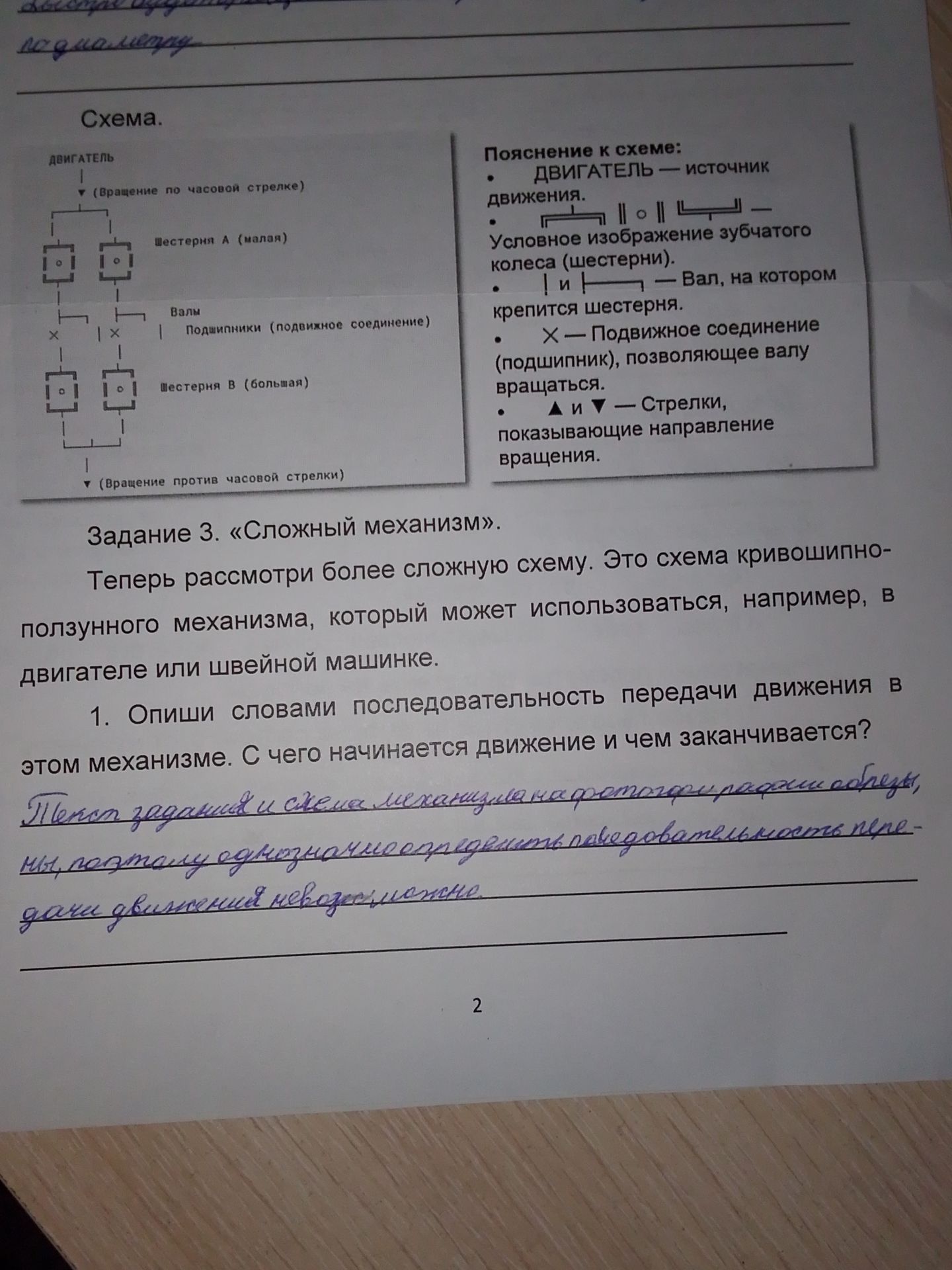 Фото задания: Задание 3. «Сложный механизм». 1. Опиши словами последовательность передачи движения в этом механизме. С чего начинается…