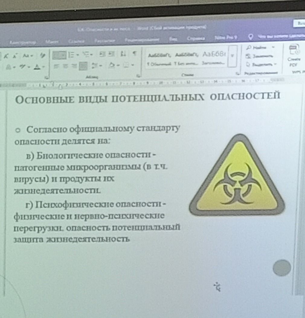 Фото задания: Проверить учебную запись на слайде «Основные виды потенциальных опасностей»: в) биологические опасности; г) психофизические…