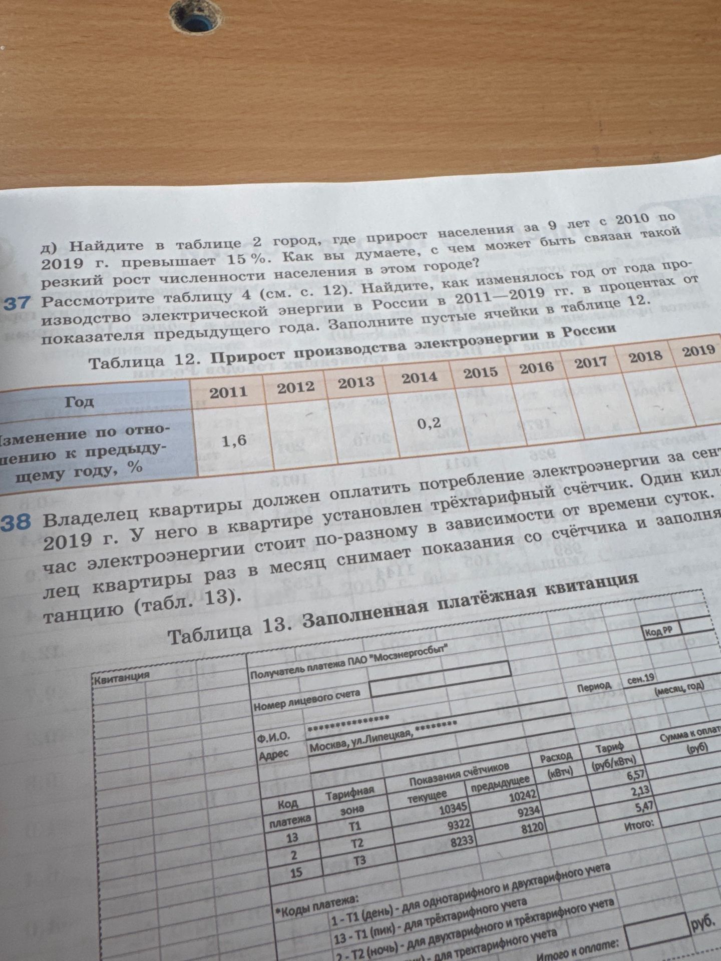 Фото задания: д) Найдите в таблице 2 город, где прирост населения за 9 лет с 2010 по 2019 г. превышает 15 %. Как вы думаете, с чем может…