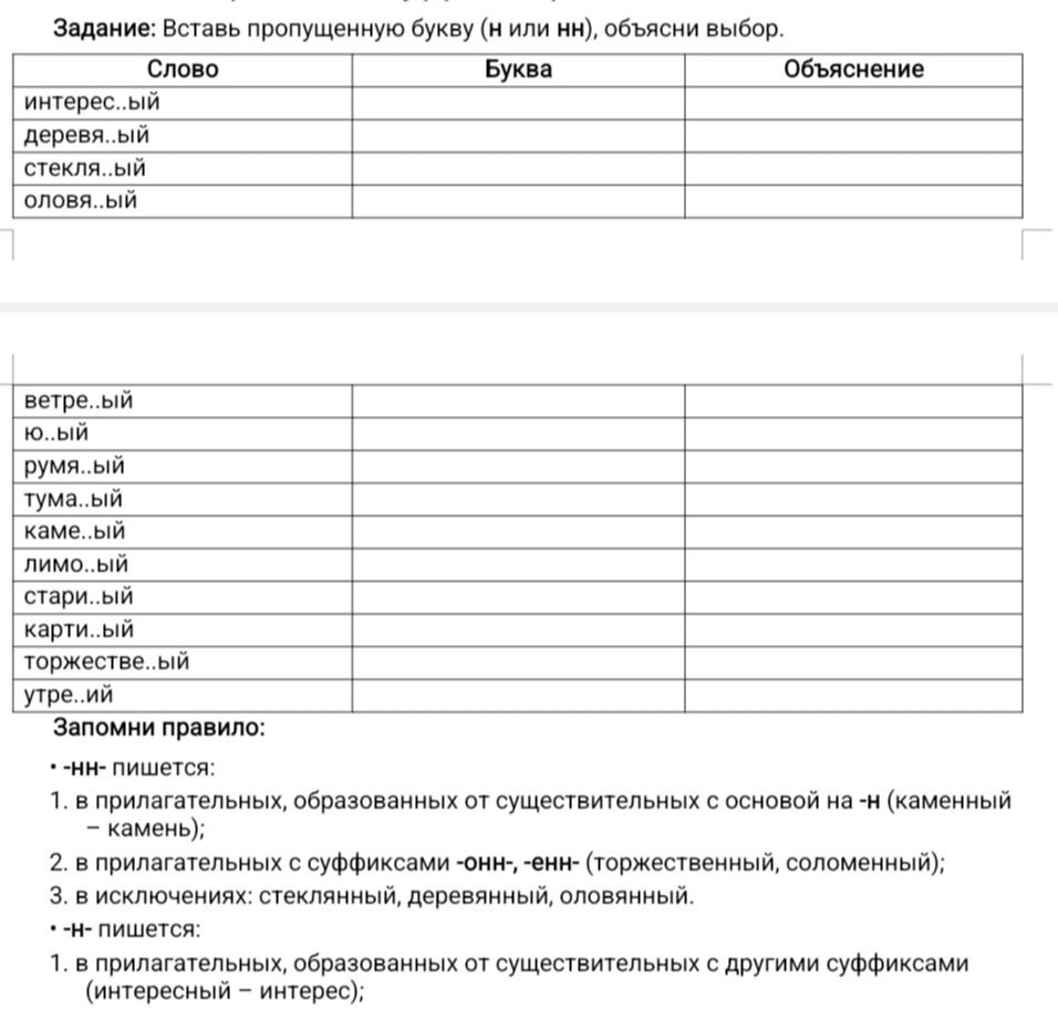 Фото задания: Вставь пропущенную букву (н или нн), объясни выбор. Слова: интерес...ый, деревян...ый, стеклян...ый, оловян...ый, ветре...ый,…