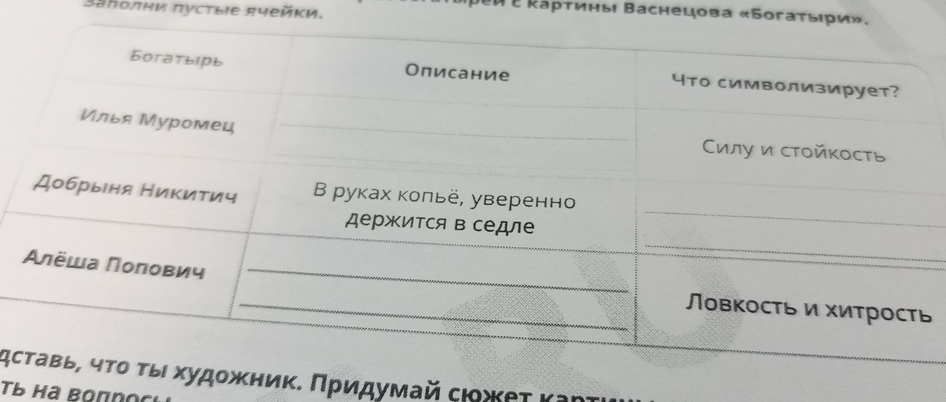 Фото задания: Заполни пустые ячейки в таблице по картине В. Васнецова «Богатыри».